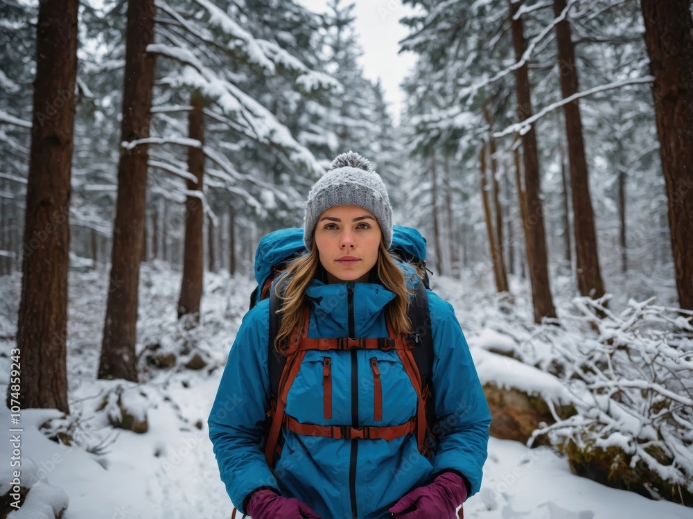 A female traveler with a backpack walking through a snowy forest, embracing the winter adventure with a sense of exploration and freedom A female traveler with a backpack walking through a snowy forest, embracing the winter adventure with a sense of exploration and freedom