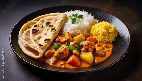 A black plate holds chicken curry with potatoes and other vegetables, served with rice and a roti