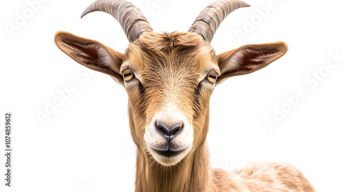 adult brown goat with horns isolated on white background 