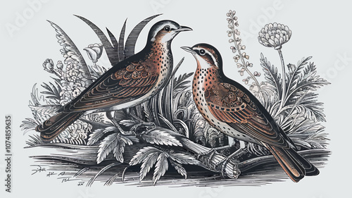 Vintage Illustration of Two Birds Among Floral Background 