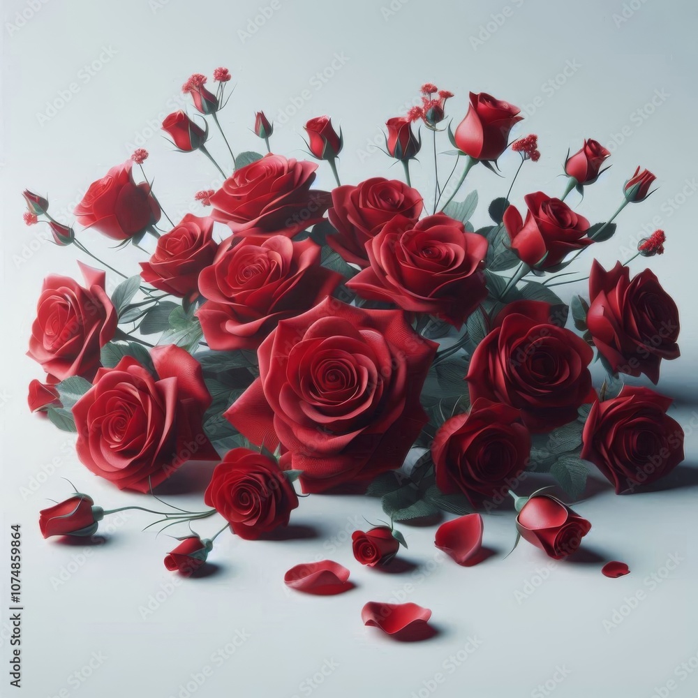 Single layer of beautiful red roses against a plain white backdrop, highlighting vivid color. Single layer of beautiful red roses against a plain white backdrop, highlighting vivid color.