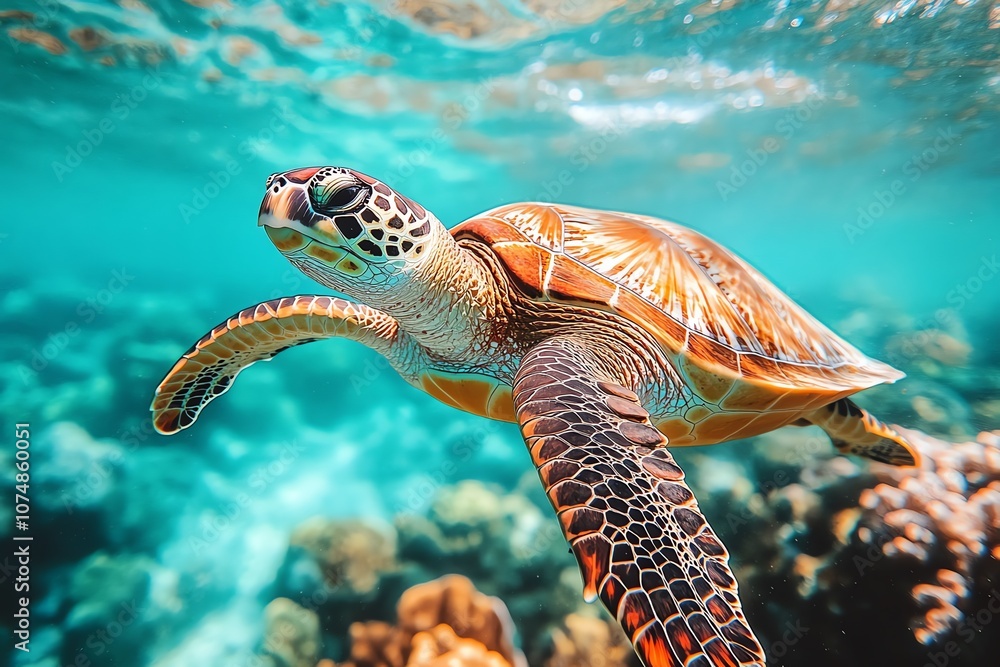 Fototapeta premium A green sea turtle swims gracefully through turquoise waters above a vibrant coral reef.
