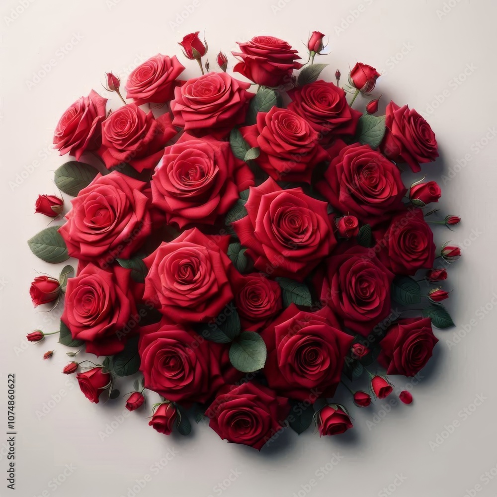 Single layer of beautiful red roses against a plain white backdrop, highlighting vivid color. Single layer of beautiful red roses against a plain white backdrop, highlighting vivid color.
