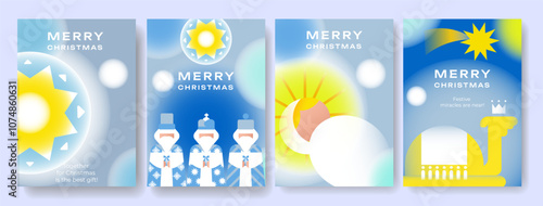 A collection of Christmas greeting cards. Christian nativity scene with traditional symbols of Holy Night. Airy, winter colors. Complement any Christmas card, invitation, holiday decor or advertising.