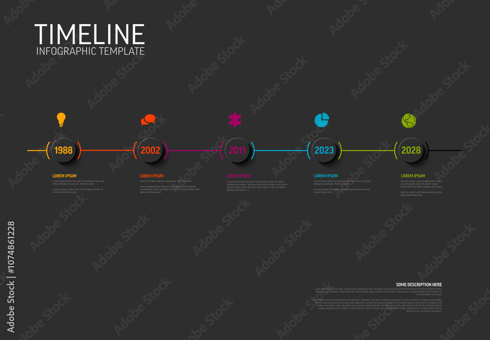 Multipurpose timeline infographic template with five milestones on straight path and dark background