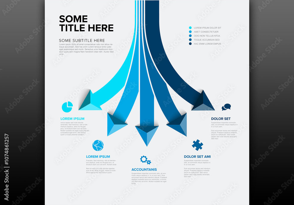 Infographics template with various options as big blue arrows pointing to different directions