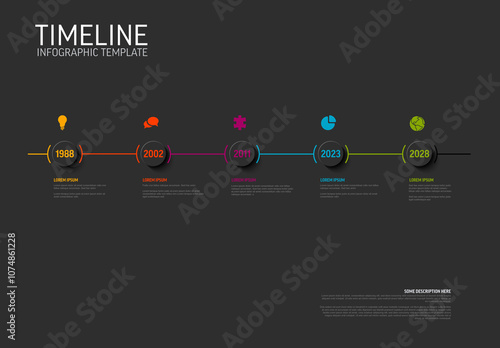 Obraz na płótnie Multipurpose timeline infographic template with five milestones on straight path and dark background w salonie