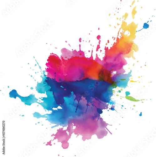 Bright colorful watercolor splash splatter stain brush strokes on white background. Modern vibrant aquarelle spot. Aquarelle explosion on white. Element. Vector watercolor illustration isolated design