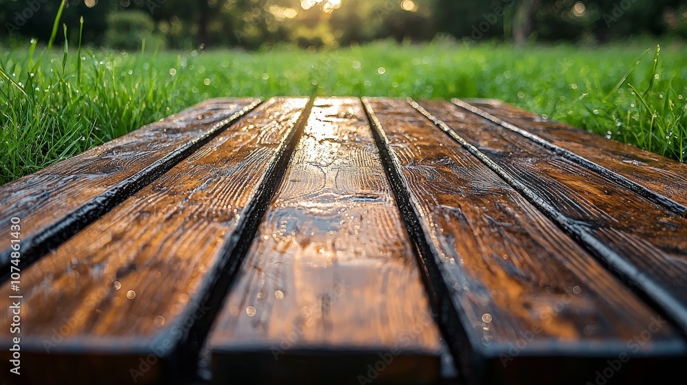 A close-up view of a wooden surface reflecting sunlight, surrounded by grass. A close-up view of a wooden surface reflecting sunlight, surrounded by grass.