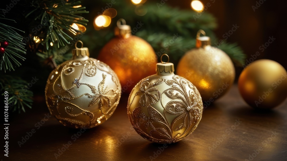 Beautifully designed golden Christmas baubles hanging on a tree, radiating festive cheer in a warm, cozy setting Beautifully designed golden Christmas baubles hanging on a tree, radiating festive cheer in a warm, cozy setting