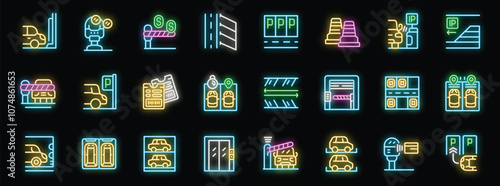 Parking neon icon set showing various aspects of parking, including garage, meters, payment, entry, and exit