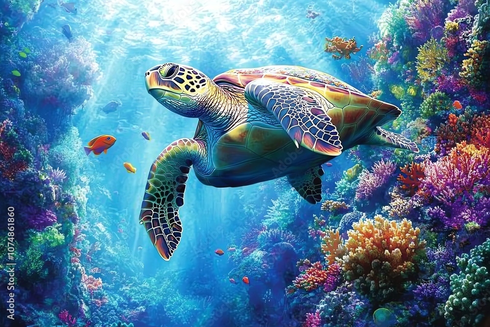 Fototapeta premium A green sea turtle swims through vibrant coral reef, sunlight streams through water.