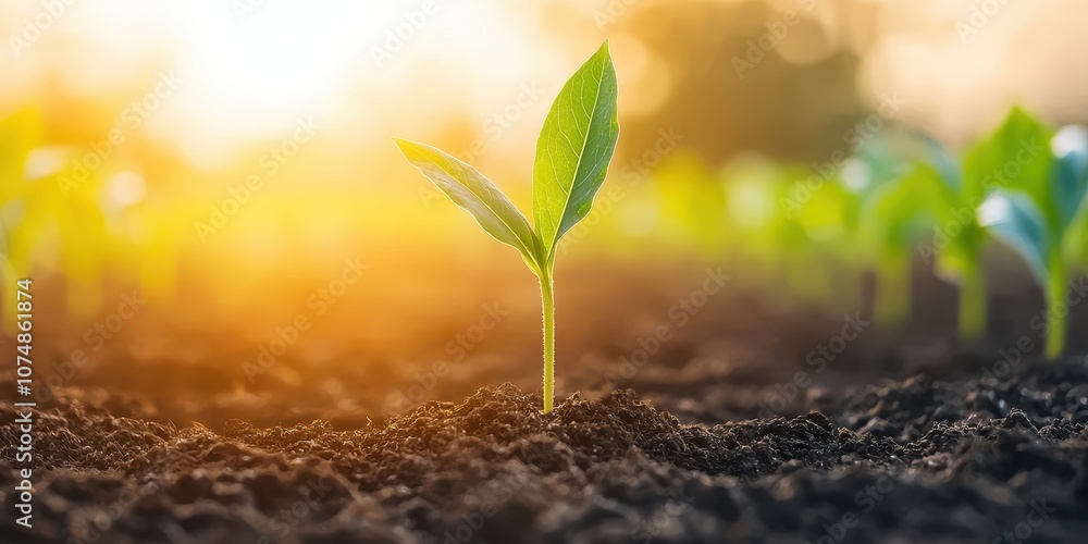A young plant sprouting from dark soil under a warm, glowing sunrise. A young plant sprouting from dark soil under a warm, glowing sunrise.