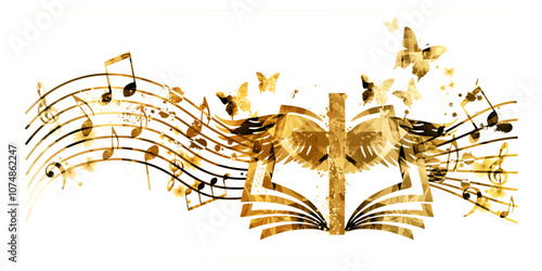 Golden christian cross with music notes isolated vector illustration. Religion themed background. Design for gospel church music, choir singing, concert, festival, Christianity, prayer	