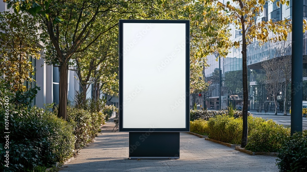 Blank Billboard Surrounded by Greenery in Urban Setting Blank Billboard Surrounded by Greenery in Urban Setting