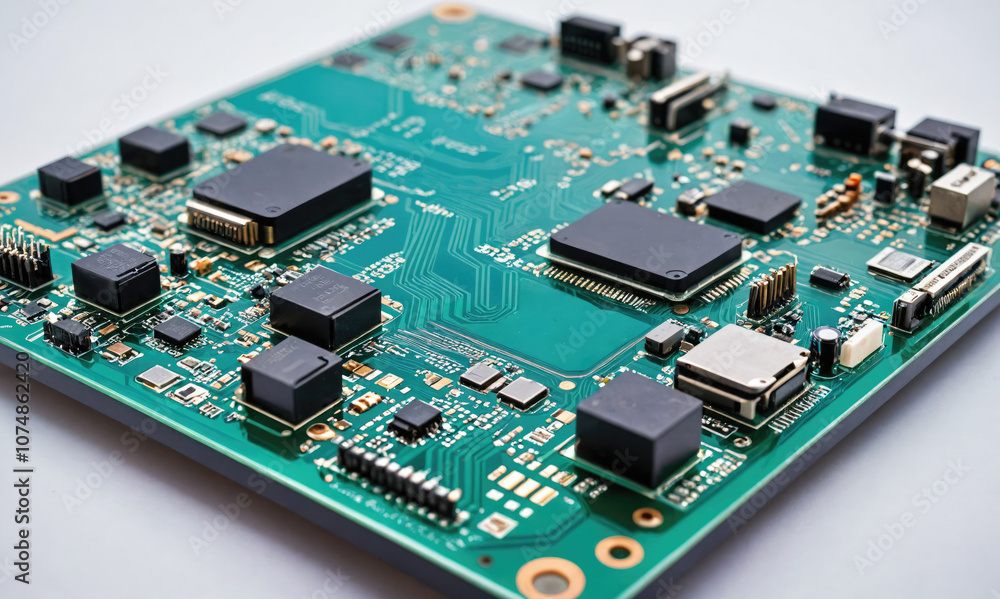 A close-up shot of a green circuit board with various components and integrated circuits A close-up shot of a green circuit board with various components and integrated circuits
