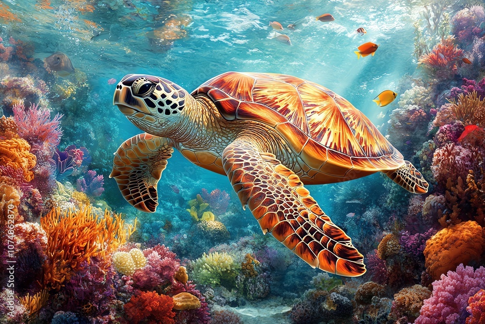 Fototapeta premium A sea turtle swims through a vibrant coral reef, sunlight streaming through the water.