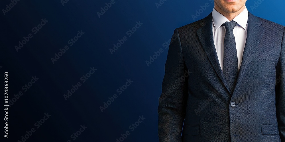 Confident businessman in a dark suit against a sleek blue background. Confident businessman in a dark suit against a sleek blue background.