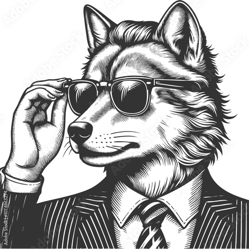 wolf businessman in a suit and tie, adjusting sunglasses with a confident expression sketch engraving generative ai vector illustration. Scratch board imitation. Black and white image.