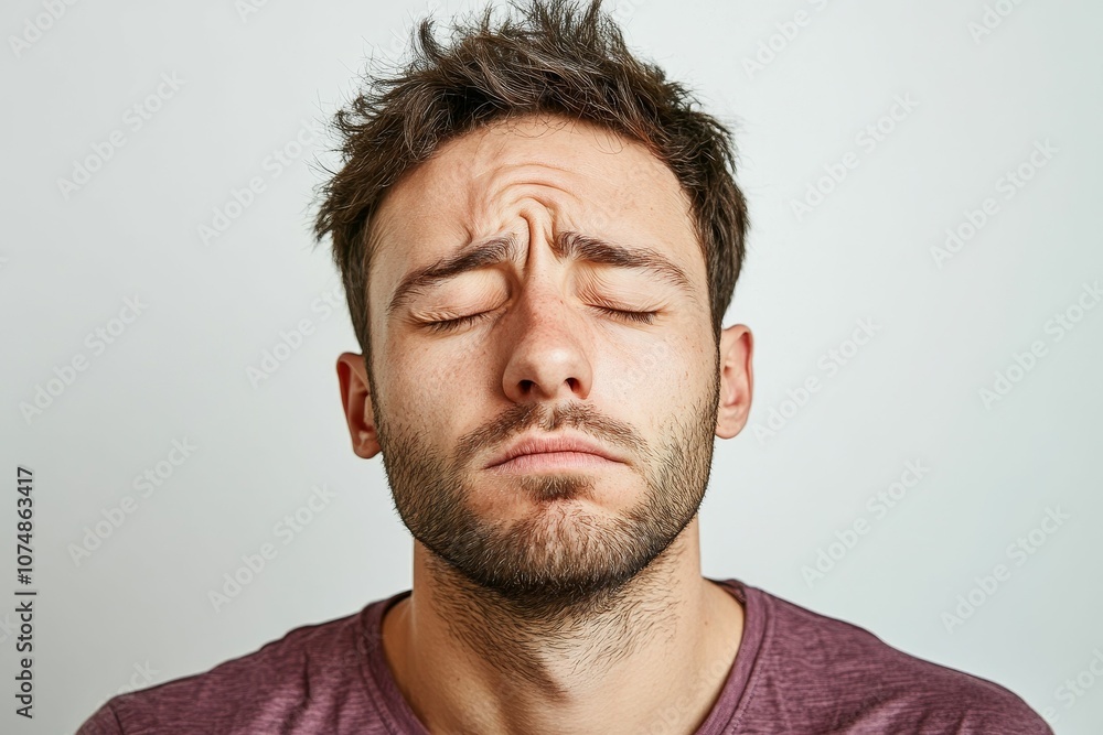 Obraz premium Man with eyes closed in a maroon shirt.