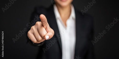 Confident businesswoman pointing finger towards the camera indicating authority.