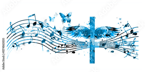 Colorful christian cross with music notes isolated vector illustration. Religion themed background. Design for gospel church music, choir singing, concert, festival, Christianity, prayer	