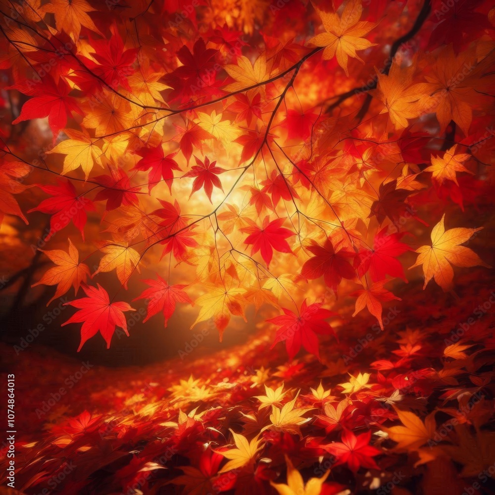 Vibrant red and yellow maple leaves scattered in autumnal beauty Vibrant red and yellow maple leaves scattered in autumnal beauty