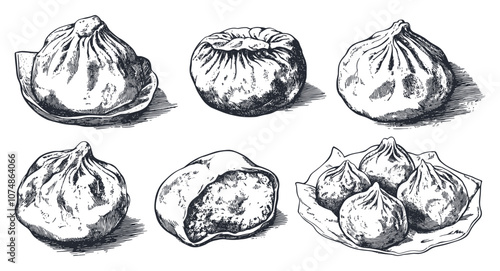 Dumpling Collection Engraving Illustration White Background Delicious Dumplings Detailed Illustrations Asian Cuisine Culinary Art Tasty Treats Traditional Recipes Steamed Dumplings