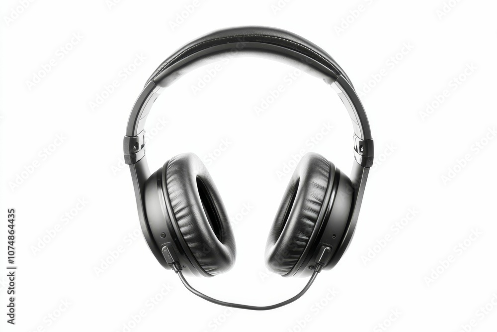 Black headphones with a wire on a white background. Black headphones with a wire on a white background.