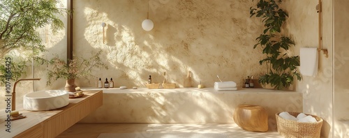 Beautifully designed bathroom with natural stone textures, bamboo toothbrush, menstrual cup, and sustainable essentials arranged neatly, soft light, ecolifestyle focus photo