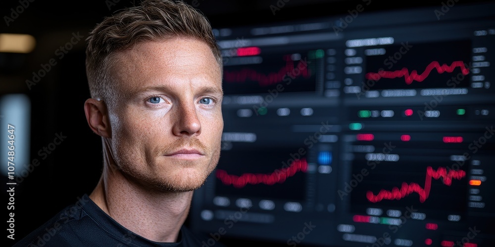Focused professional analyzing financial data on digital screens. Focused professional analyzing financial data on digital screens.