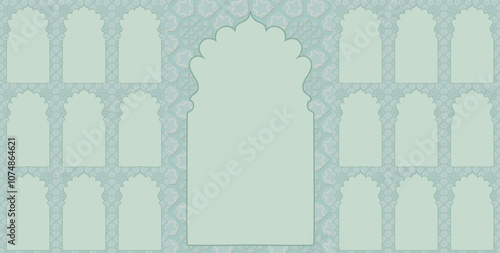 Set of windows Beautiful Arch small and Big Design with Indian Rajasthani fort and Culture. Wedding Backdrop and other uses. Abstract Indian floral design, Persian carpet, tribal texture, Vector file