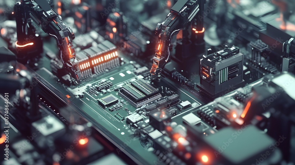 
Manufacturing Automation. Advanced High Precision Robot Arms on Automated PCB Assembly Line Inside Modern Electronics Factory. Electronic Devices Production Industry. Component Installation Process.