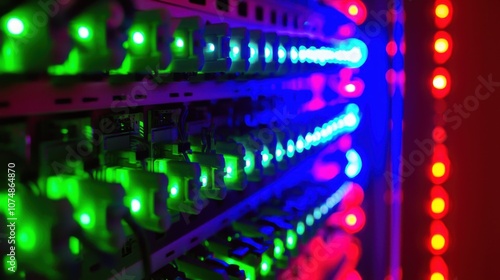 A close-up of illuminated network equipment with colorful LED lights.