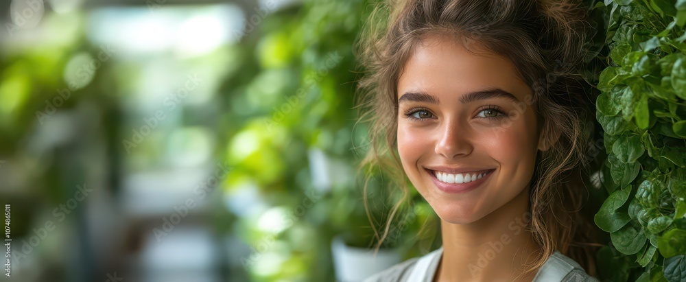 a smiling woman tending to an indoor vertical garden in an office surrounded by lush green plants in white pots reaching from wall to ceiling reflecting health and creativity a smiling woman tending to an indoor vertical garden in an office surrounded by lush green plants in white pots reaching from wall to ceiling reflecting health and creativity