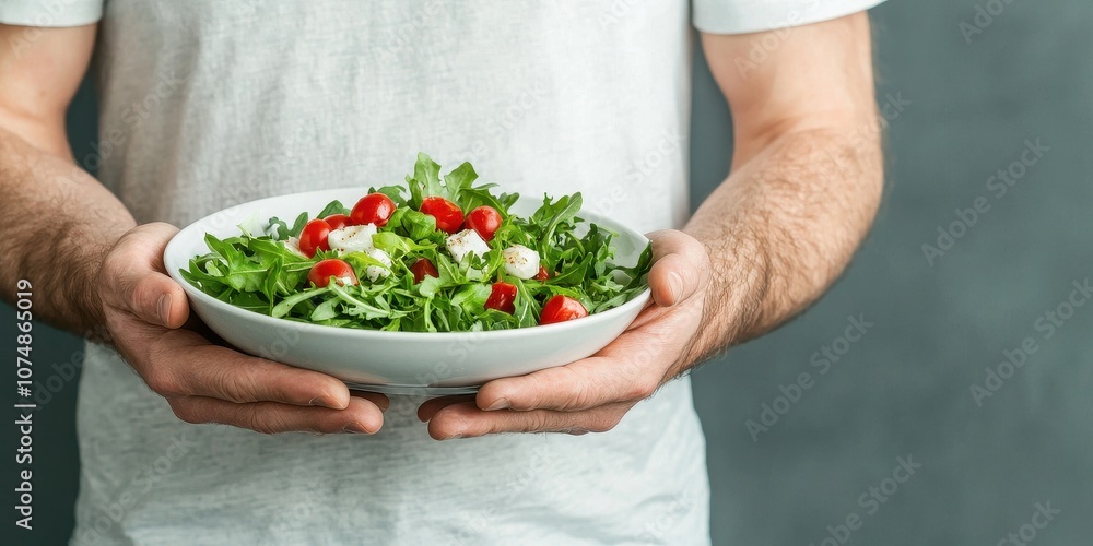 Healthy salad with fresh greens and tomatoes served in a white bowl. Healthy salad with fresh greens and tomatoes served in a white bowl.