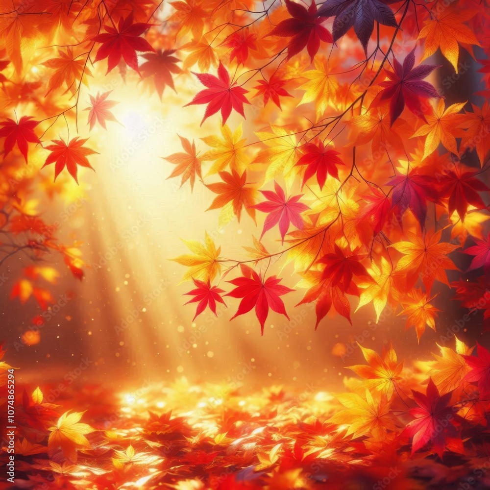 Vibrant red and yellow maple leaves scattered in autumnal beauty Vibrant red and yellow maple leaves scattered in autumnal beauty
