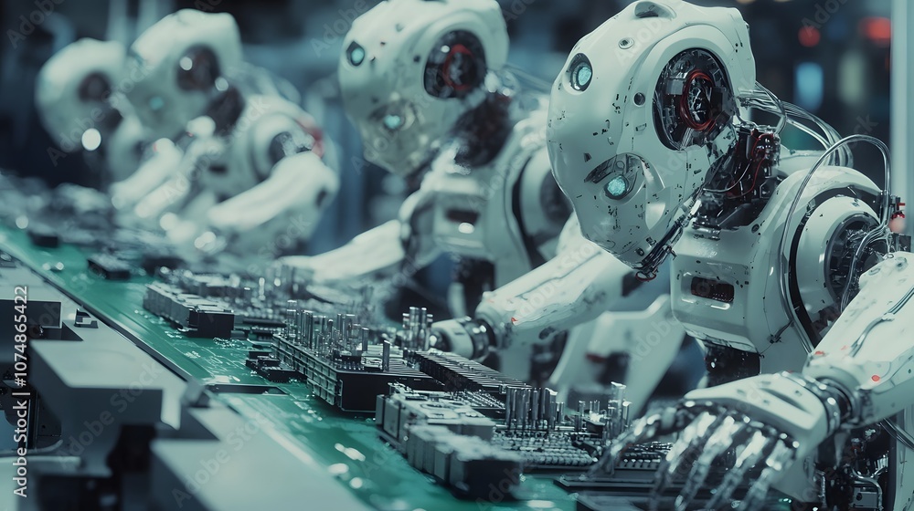 Manufacturing Automation. Advanced High Precision Robot Arms on Automated PCB Assembly Line Inside Modern Electronics Factory. Electronic Devices Production Industry. Component Installation Process.
Manufacturing Automation. Advanced High Precision Robot Arms on Automated PCB Assembly Line Inside Modern Electronics Factory. Electronic Devices Production Industry. Component Installation Process.