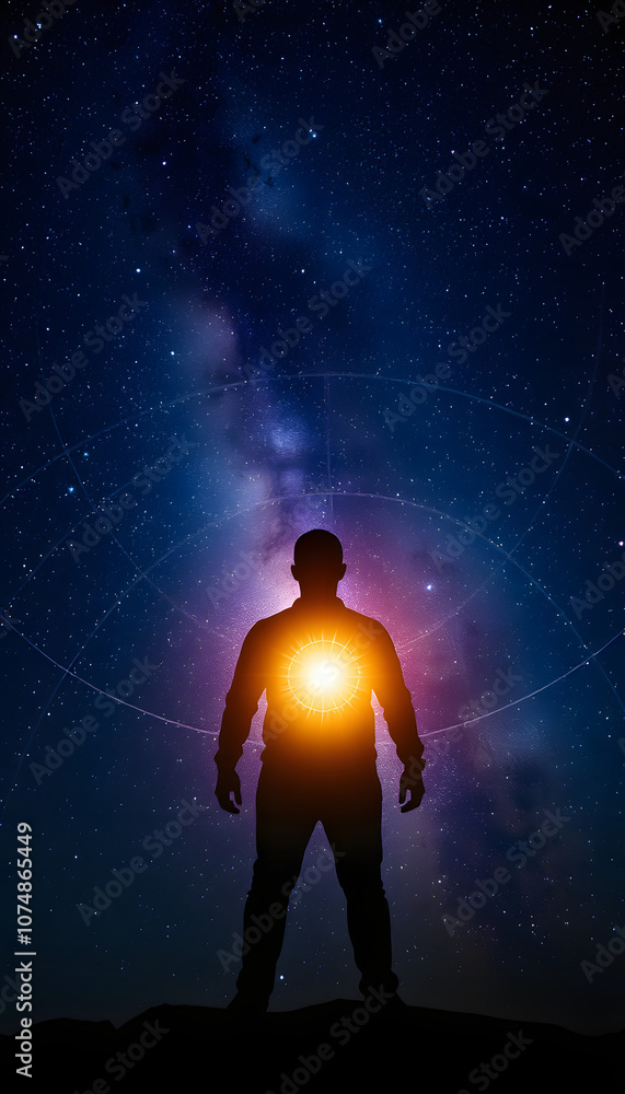 Silhouette of man stand and see in the night sky with stars. Galaxy and space. Light from the chest. Astrology sign. Esoterica and psychology isolated with white highlights, png Silhouette of man stand and see in the night sky with stars. Galaxy and space. Light from the chest. Astrology sign. Esoterica and psychology isolated with white highlights, png