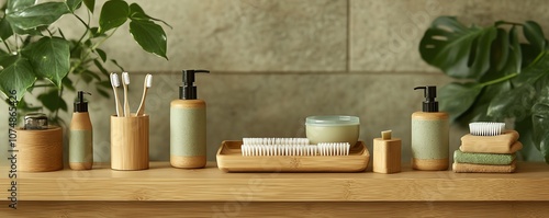 Elegant bathroom setup with bamboo toothbrushes, menstrual cup, and other sustainable items on wooden shelves, green plants in the background, promoting ecoconscious living