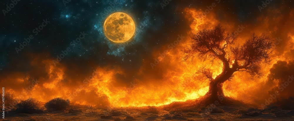 a striking desert landscape features a burning tree dramatically illuminated at dusk and night bathed in moonlight the contrasting colors enhance the haunting beauty of the scene a striking desert landscape features a burning tree dramatically illuminated at dusk and night bathed in moonlight the contrasting colors enhance the haunting beauty of the scene