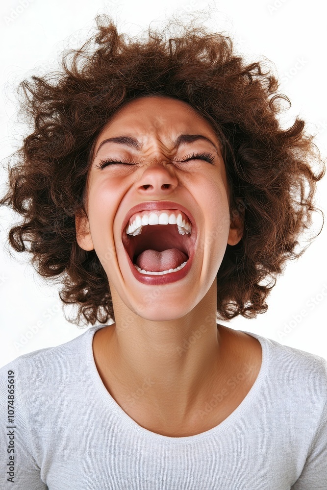 Woman with curly hair, wide open mouth, white shirt. Woman with curly hair, wide open mouth, white shirt.
