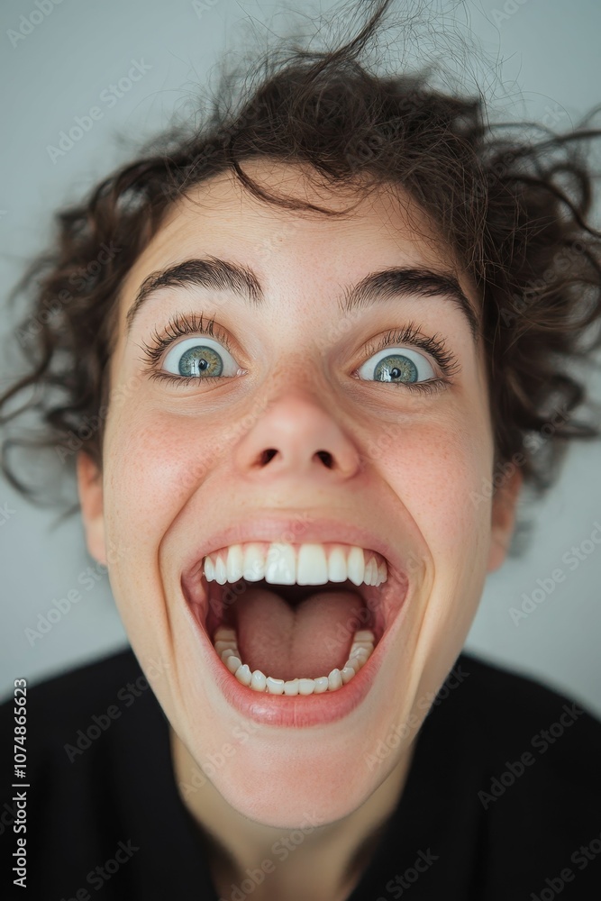 A woman with curly hair laughs with her mouth wide