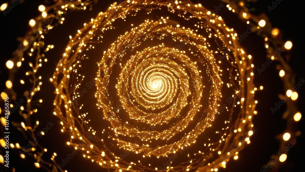 A mesmerizing spiral of golden lights creating an enchanting and magical atmosphere, perfect for backgrounds or holiday-themed projects A mesmerizing spiral of golden lights creating an enchanting and magical atmosphere, perfect for backgrounds or holiday-themed projects