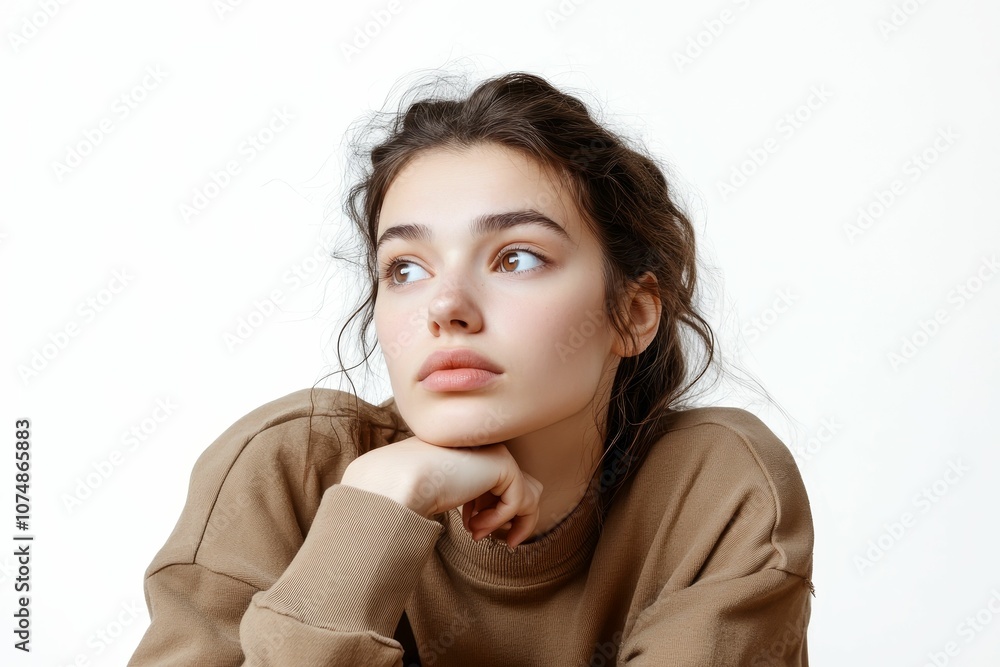 Young woman in brown sweater looks up. Young woman in brown sweater looks up.