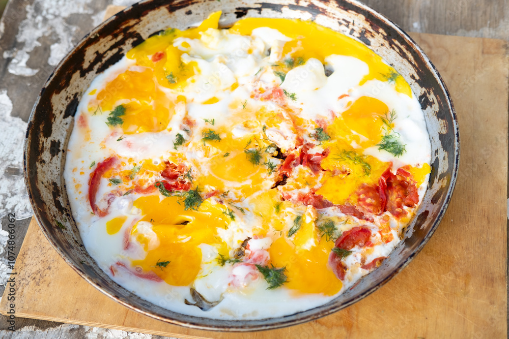 scrambled eggs cooked in a frying pan with tomatoes and herbs, outside scrambled eggs cooked in a frying pan with tomatoes and herbs, outside