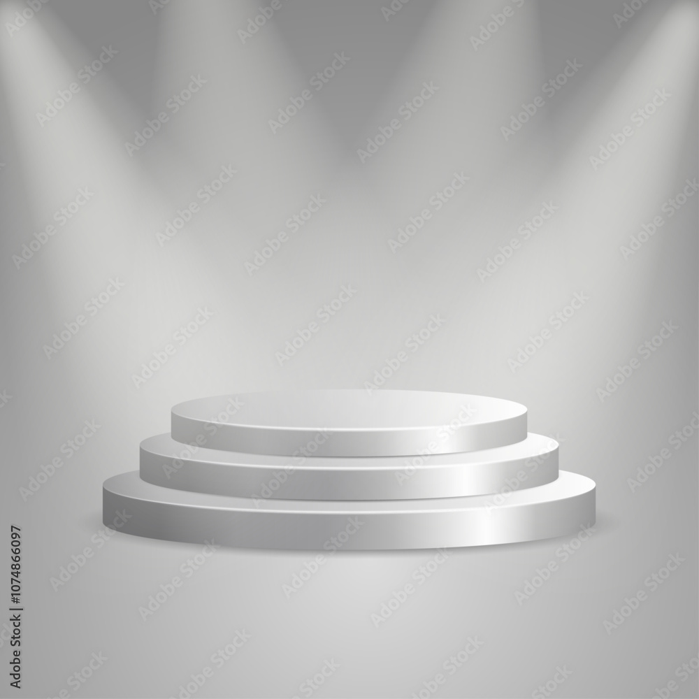 Silver podium with lights on dark grey background. Silver pedestal. Silver podium with lights on dark grey background. Silver pedestal.