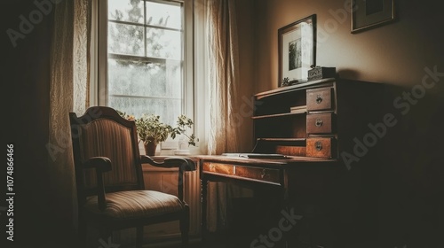 Wallpaper Mural Antique Desk and Chair by Window in a Cozy Room Torontodigital.ca