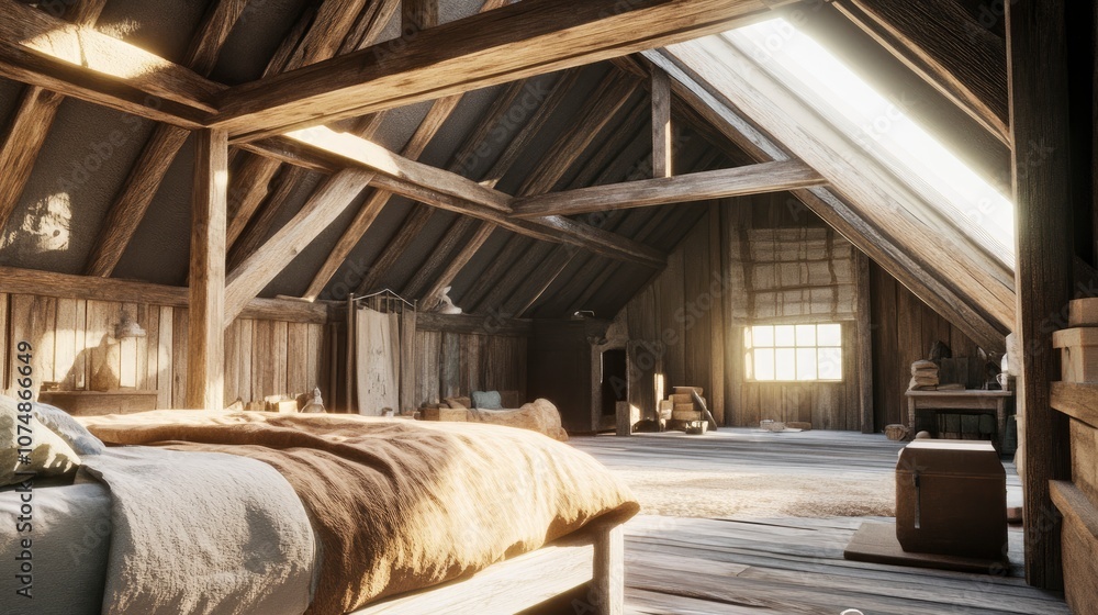 Rustic Attic Bedroom with Wooden Beams and Sunlight Rustic Attic Bedroom with Wooden Beams and Sunlight
