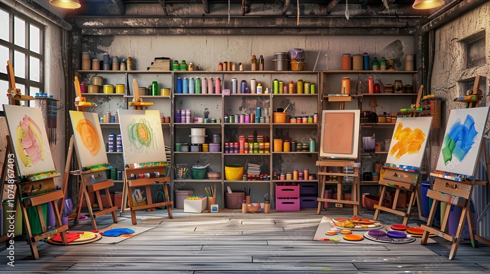 Bright Art Studio with Painting Supplies and Canvases Bright Art Studio with Painting Supplies and Canvases